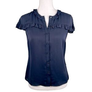 Brooks Brothers Navy Blue Viscose Button Down Ruffle Short Sleeve Top Size XS/0